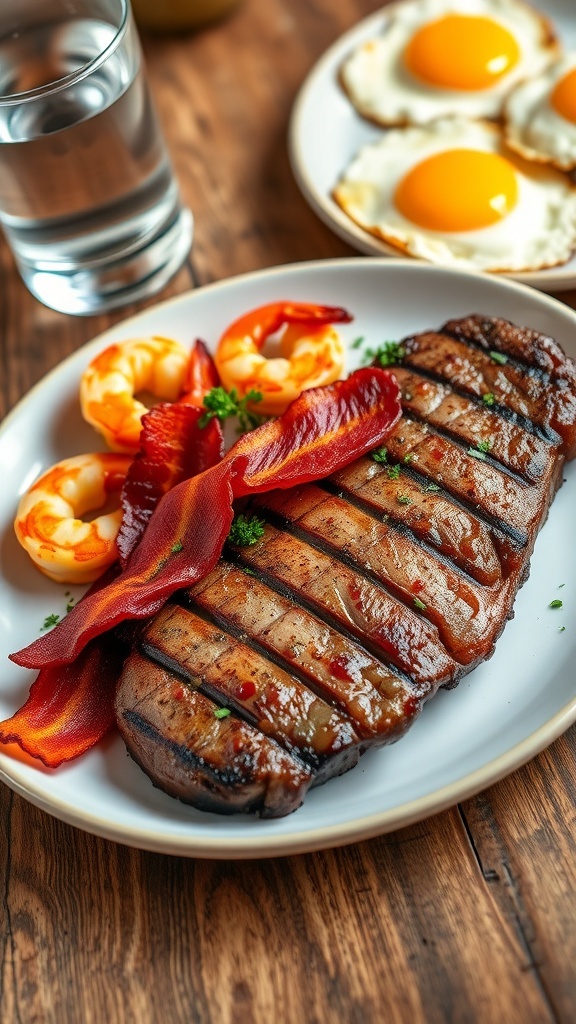 A plate of grilled ribeye steak, crispy bacon, and sautéed shrimp with fried eggs on a rustic table.